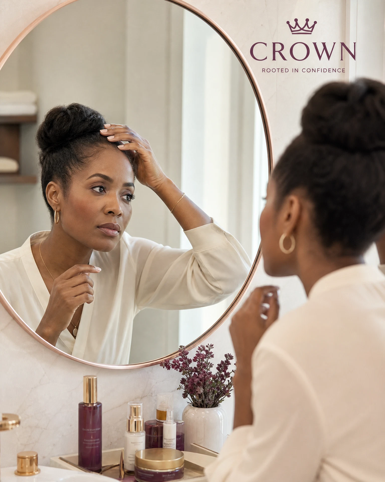 Woman examining her hairline in a mirror