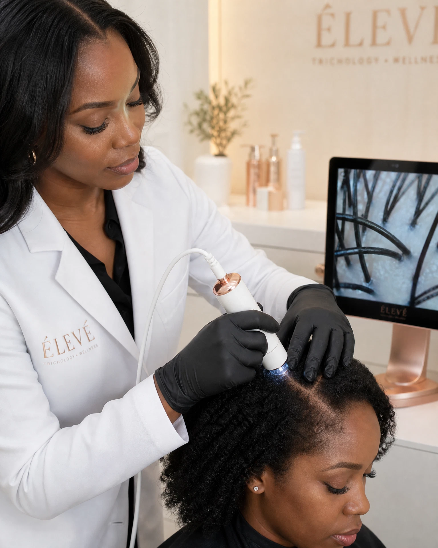 Microscopic scalp analysis in progress